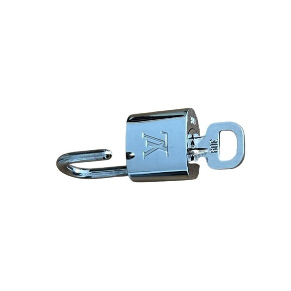 LOUIS VUITTON: Silver/Brass, Metal "LV" Logo Padlock #309 (L1168) - Picture 2 of 8